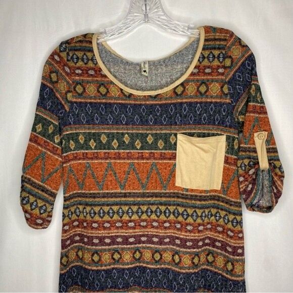 Pomelo Orange Blue Multi Color Aztec Southwest Print Roll Tab Sleeves Pocket M - Picture 4 of 11